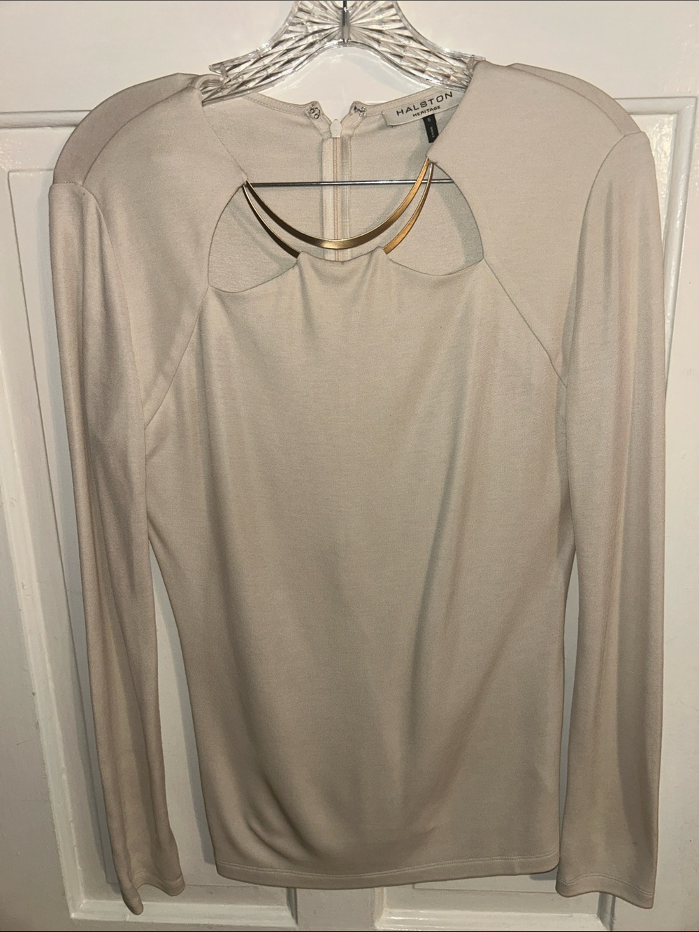 Halston Heritage Cream Long-Sleeve Keyhole Top with Gold Accent